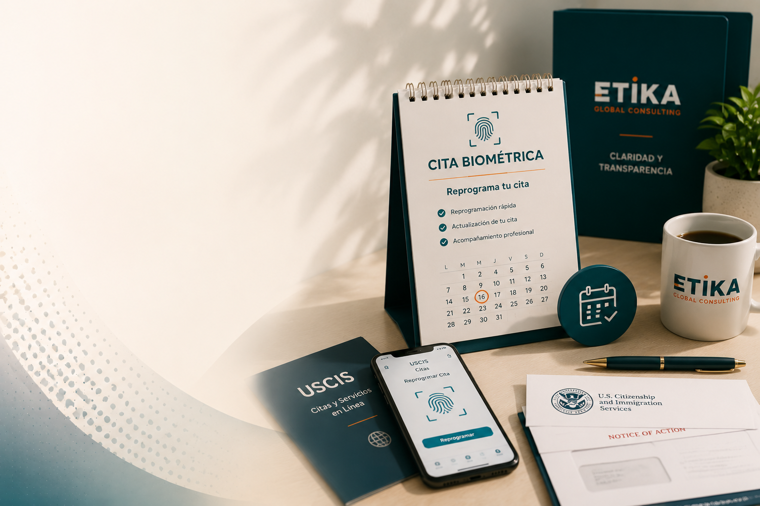 Calendario de cita biométrica con documentos USCIS organizados