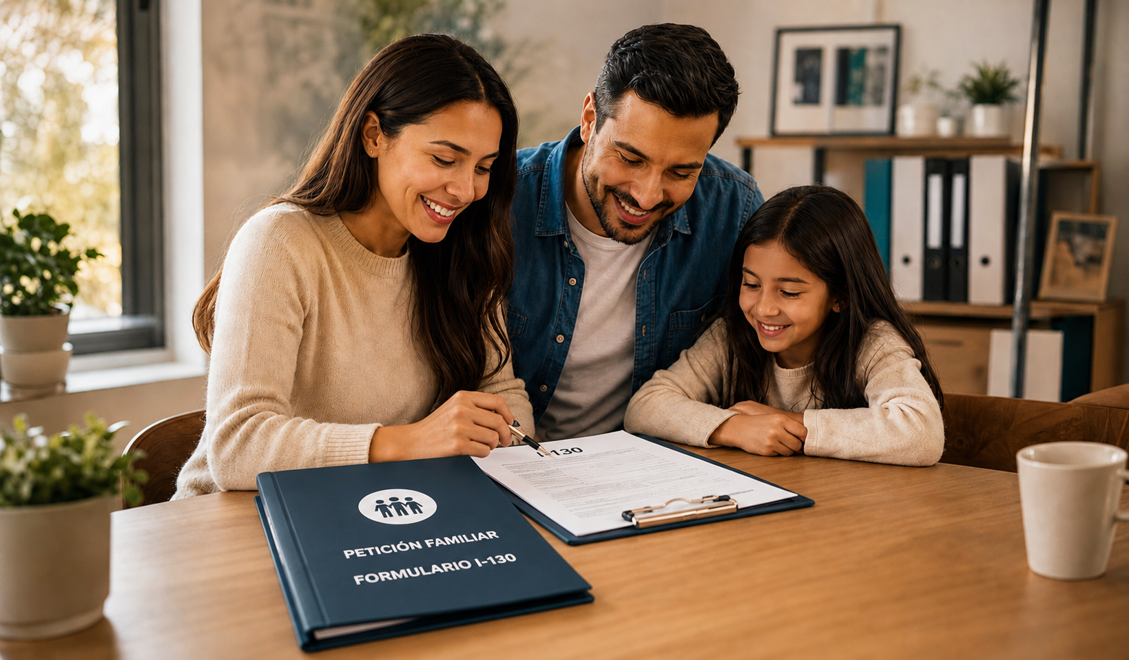 Familia revisando documentos de petición familiar en una mesa