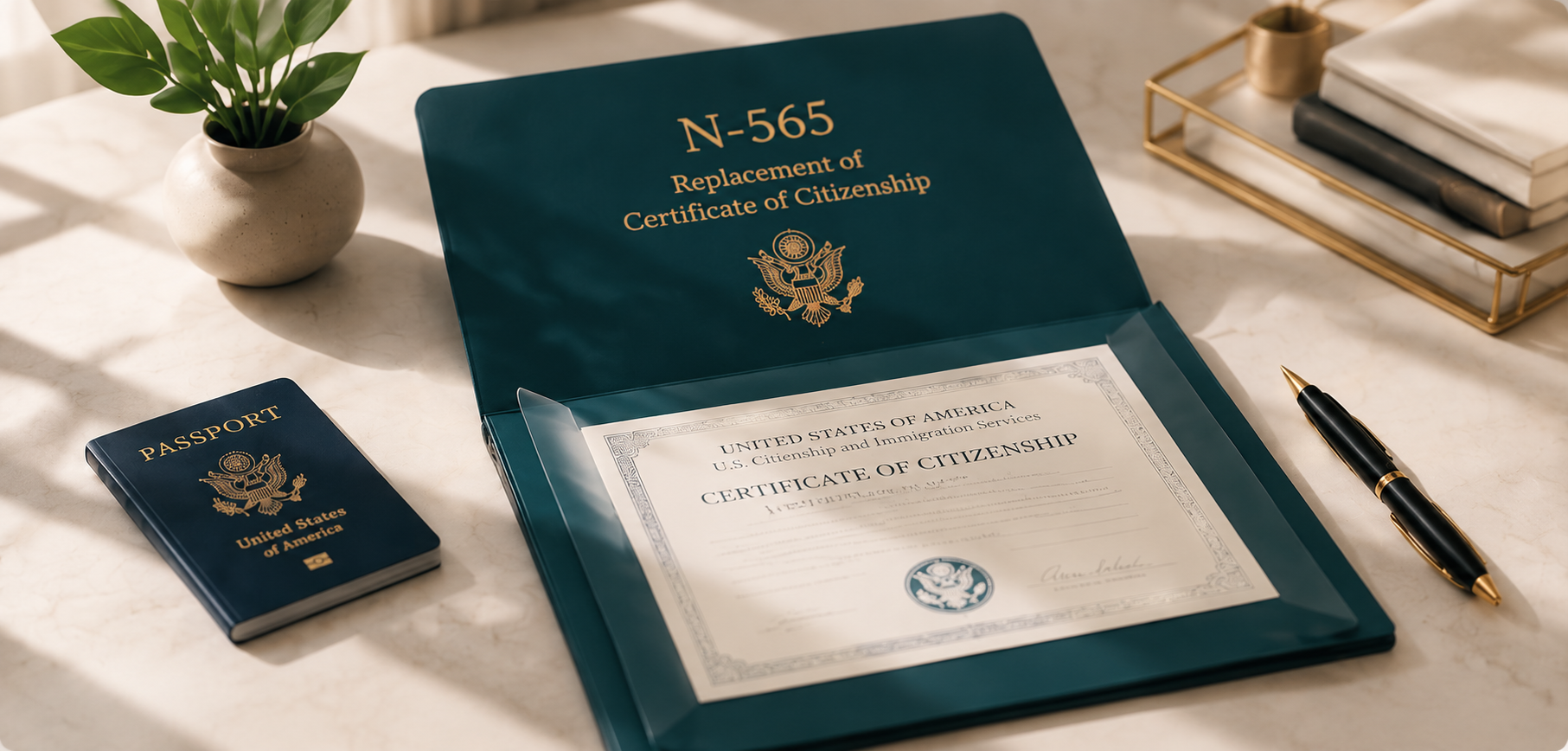 Documentos organizados para preparar el Formulario N-565 de reposición de certificado