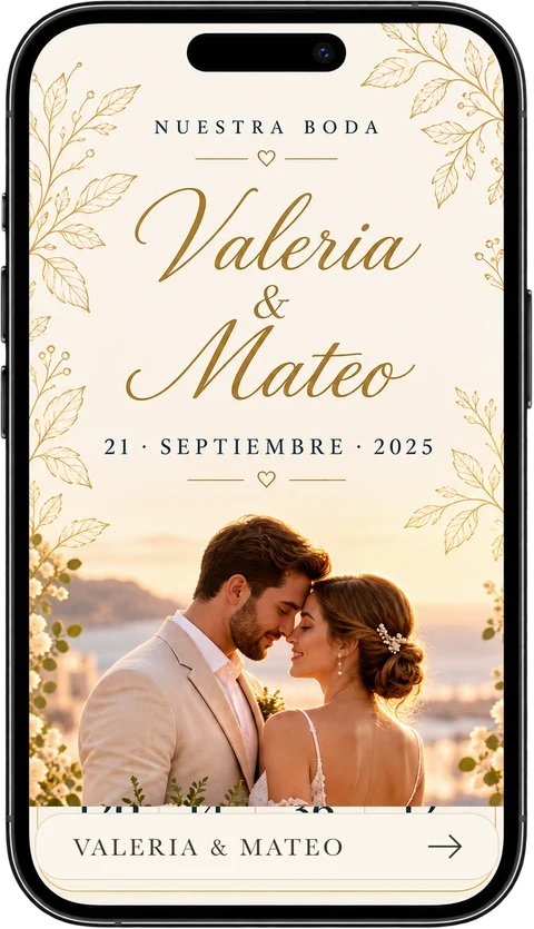 Invitación digital de Valeria y Mateo, estilo romántico con cuenta regresiva