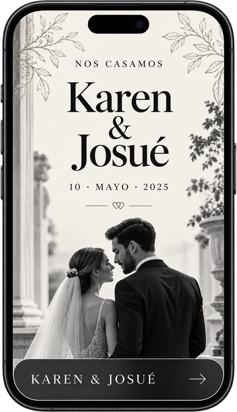 Invitación digital de Karen y Josué, estilo clásico en blanco y negro