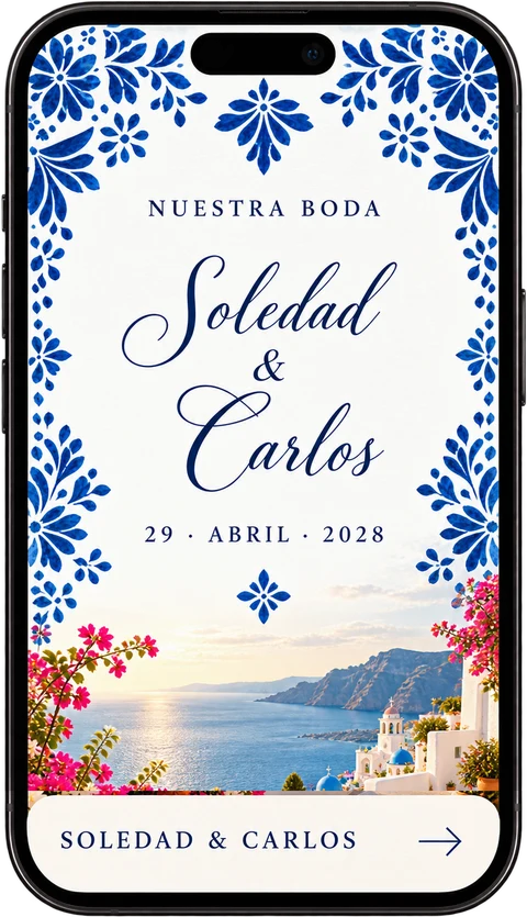 Invitación digital de Soledad y Carlos, estilo mediterráneo azul