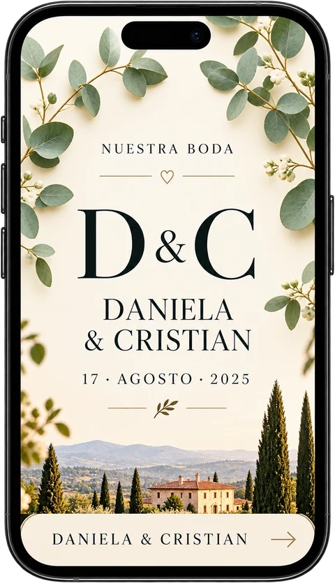 Invitación digital de Daniela y Cristian, estilo botánico toscano