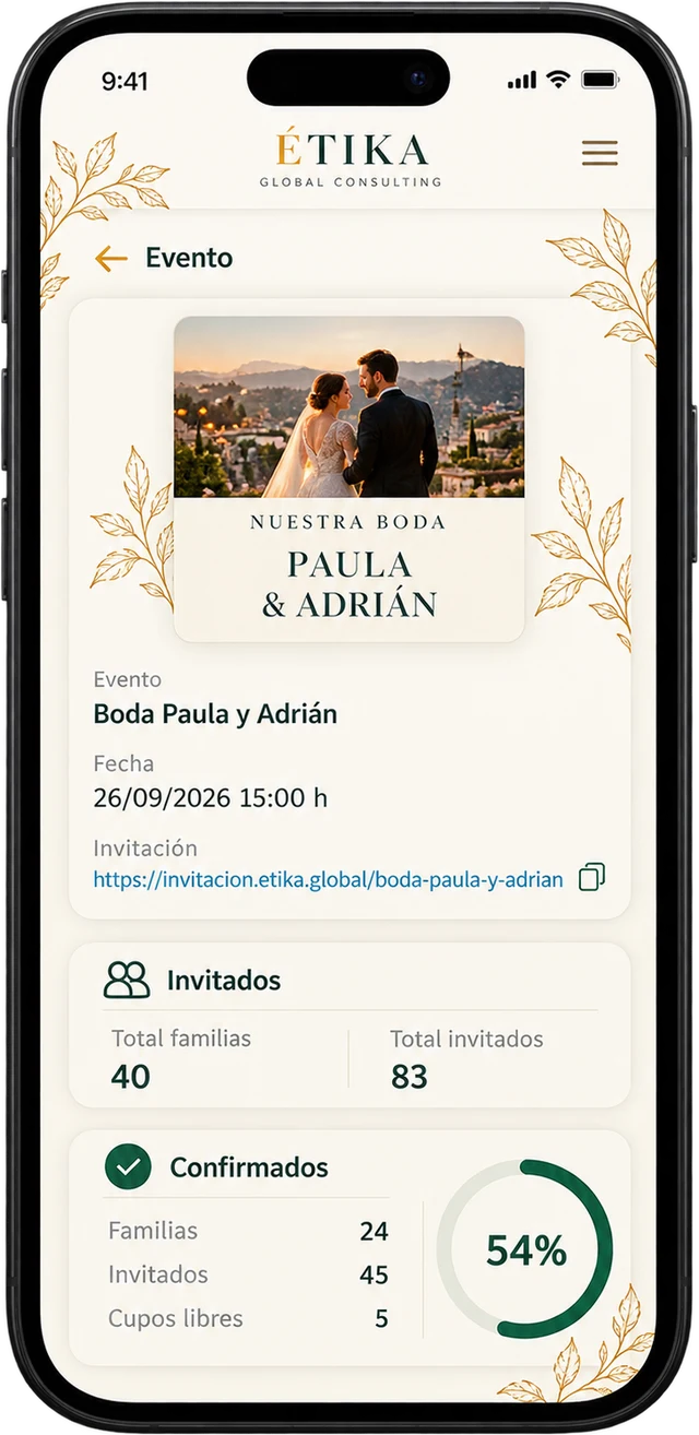Panel del evento en un celular: datos de la boda, total de invitados y 54 % de confirmados