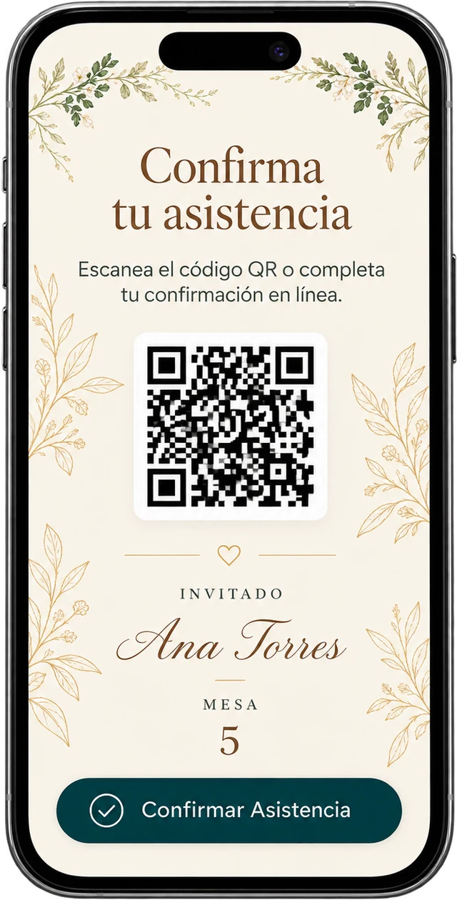 Pantalla de confirmación de asistencia con código QR para el invitado
