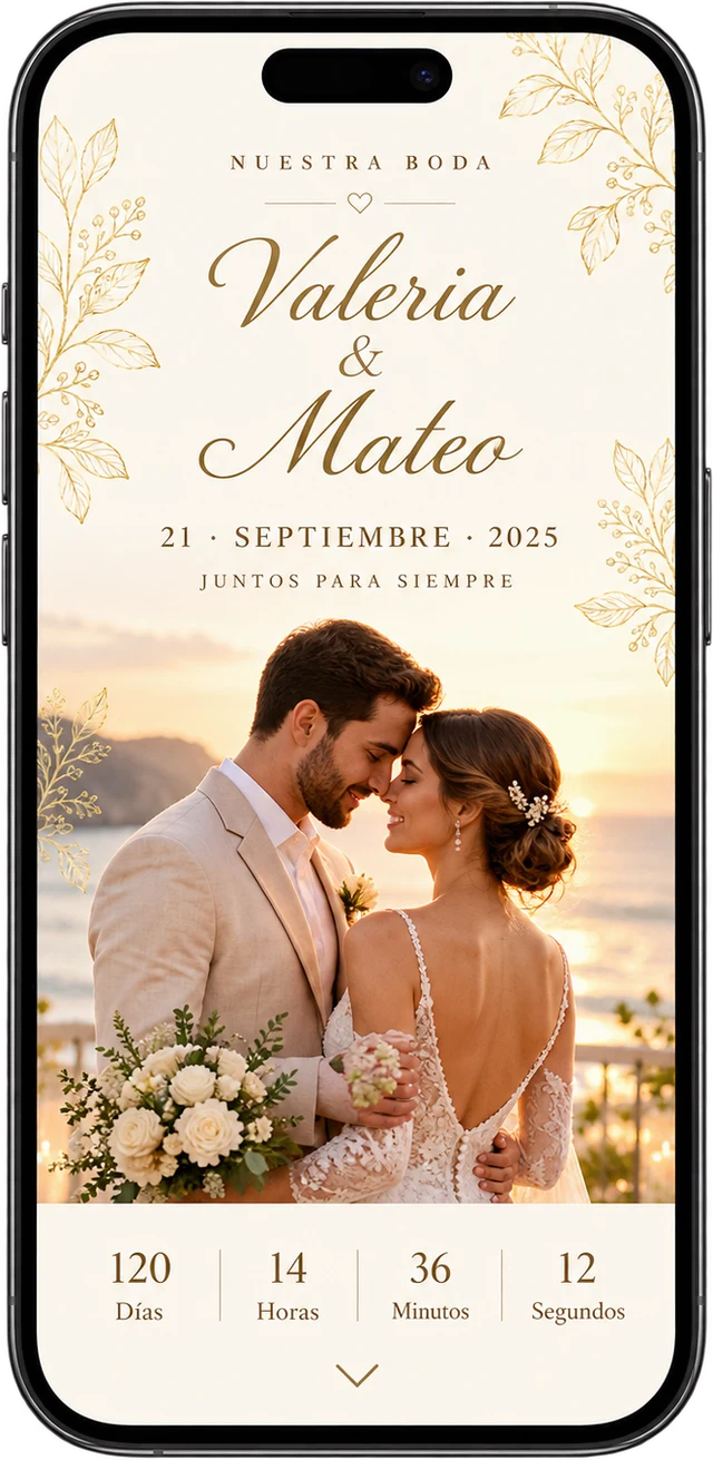 Invitación digital de boda en un celular: Valeria y Mateo, con cuenta regresiva