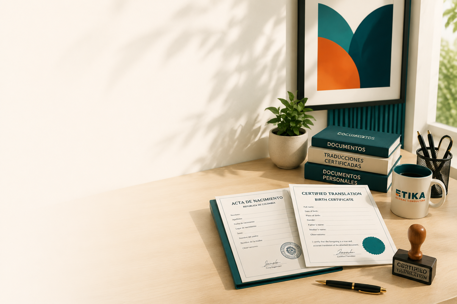 Documentos originales y traducción certificada organizados sobre una mesa
