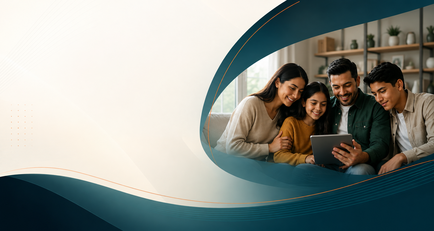 Familia latina revisando informacion importante en una tablet con tranquilidad