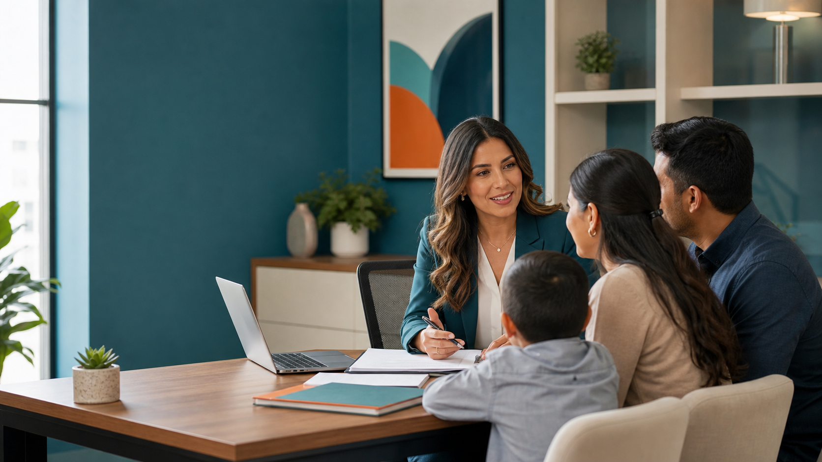 Asesora orientando a una familia sobre documentos administrativos