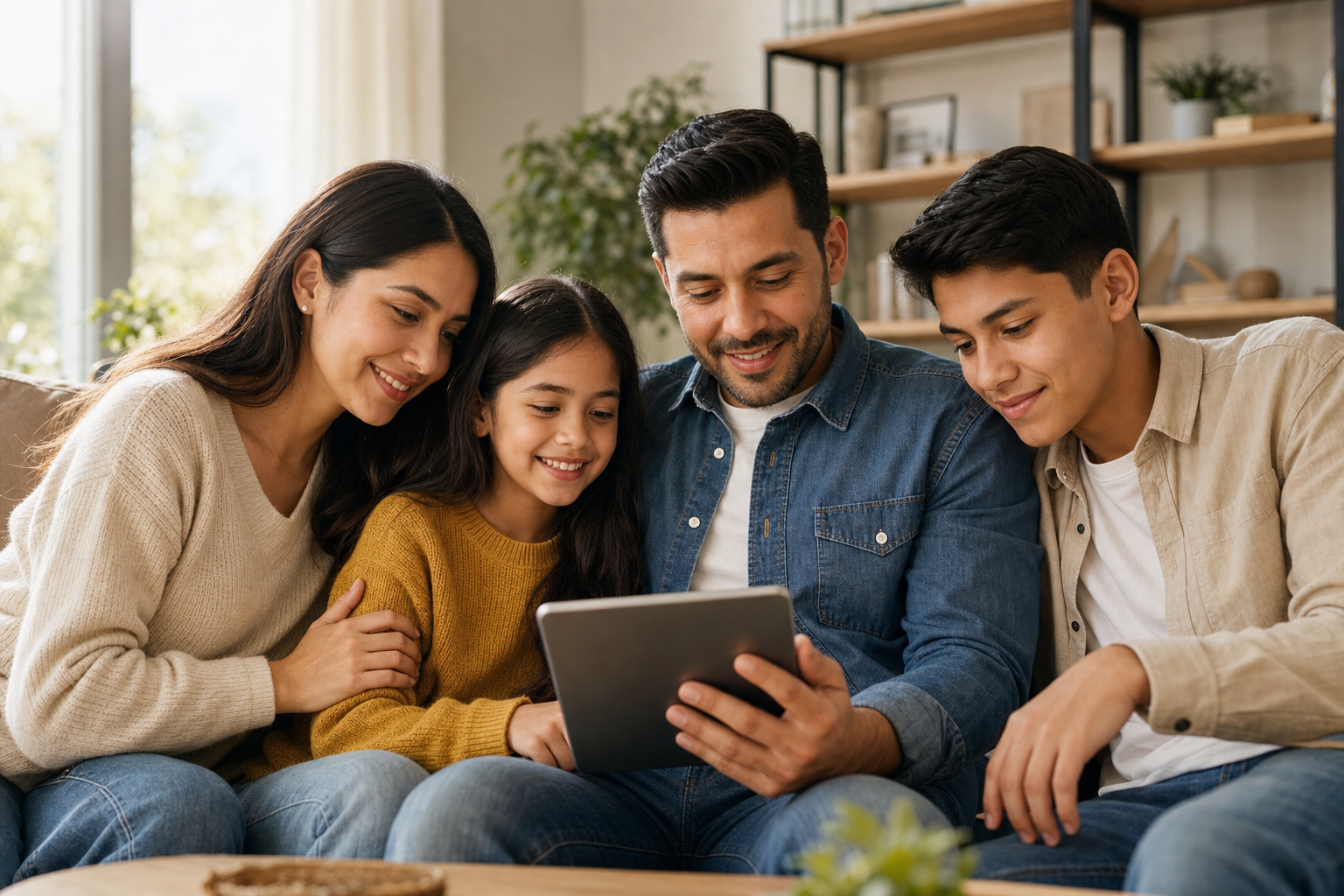 Familia latina revisando informacion importante en una tablet con tranquilidad