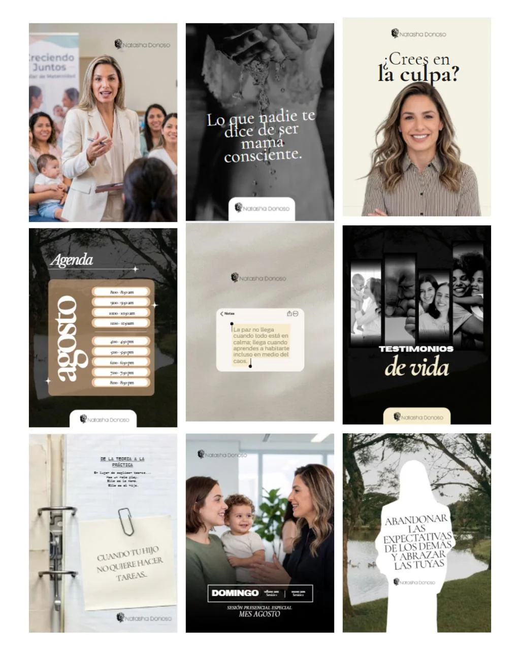 Feed de Instagram diseñado para Natasha Donoso (Maternidad consciente)