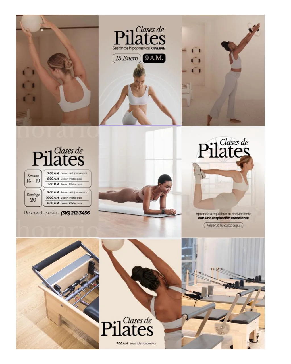 Feed de Instagram diseñado para Estudio de Pilates (Fitness y bienestar)