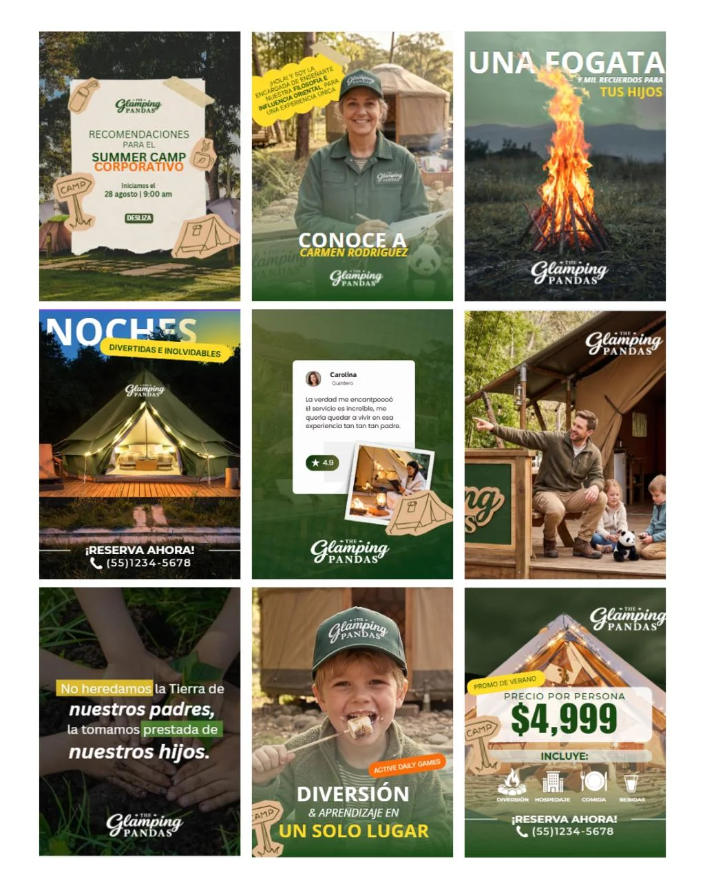 Feed de Instagram diseñado para Glamping Pandas (Turismo y experiencias)