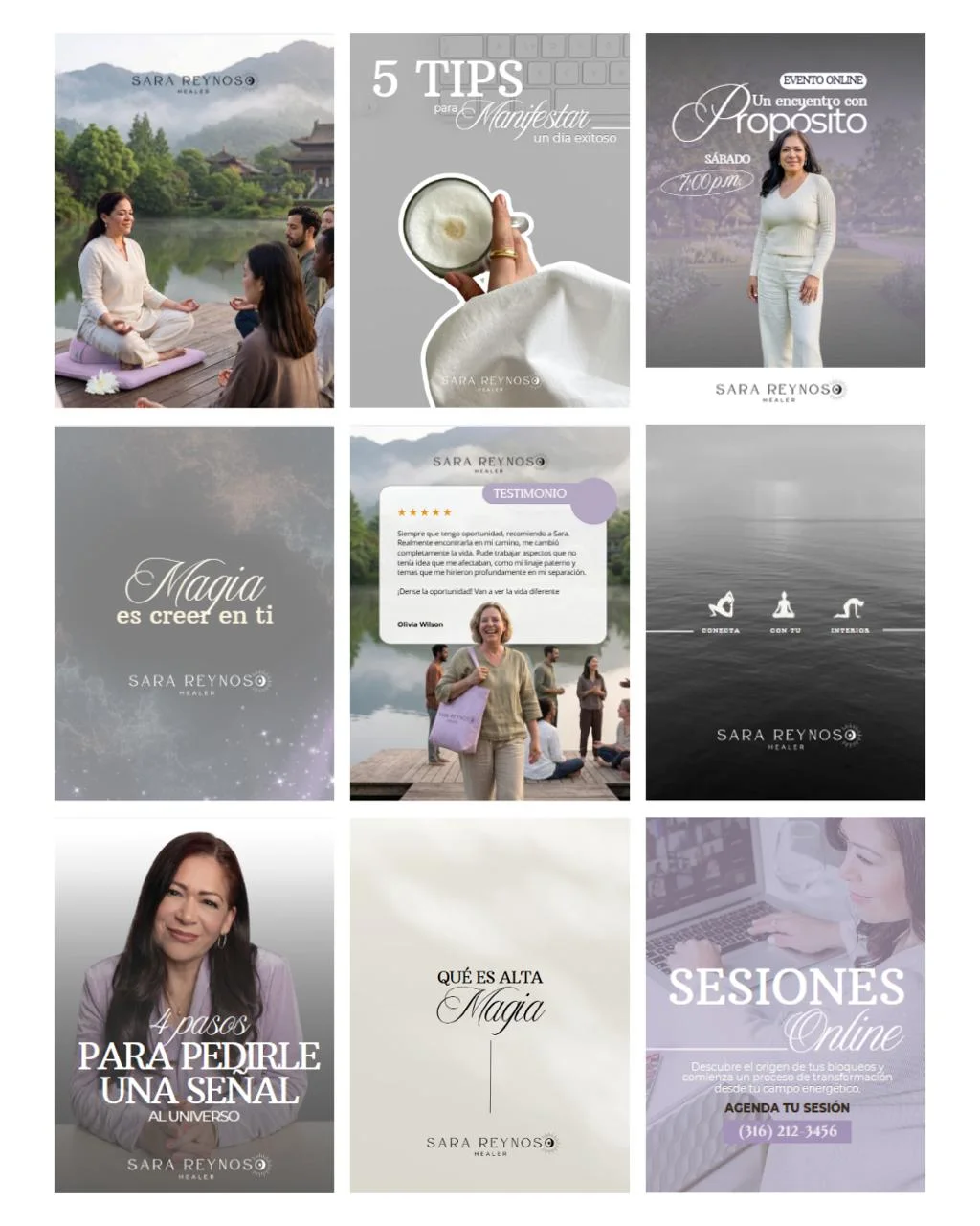 Feed de Instagram diseñado para Sara Reynoso Healer (Bienestar holístico)